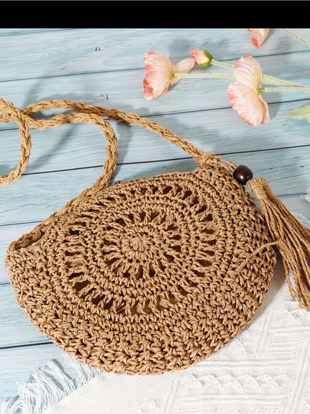 Handwoven Round Straw Crossbody Bag | Summer Woven Beach Purse - Picture 3 of 9
